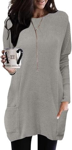 سترات Poetsky Tunic للنساء لارتدائها مع طماق بأكمام طويلة مضلعة وفتحة رقبة دائرية وفضفاضة وقمصان طويلة وجيوب in Saudi Arabia