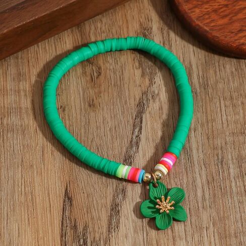 Green Soft Clay Beaded Anklet with Green Flower Charm – Adjustable, Playful Design for Summer Style in Saudi Arabia