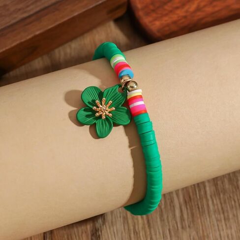 Green Soft Clay Beaded Anklet with Green Flower Charm – Adjustable, Playful Design for Summer Style in Saudi Arabia