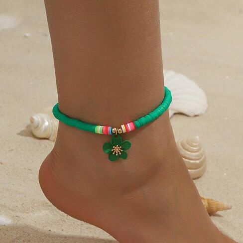 Green Soft Clay Beaded Anklet with Green Flower Charm – Adjustable, Playful Design for Summer Style in Saudi Arabia