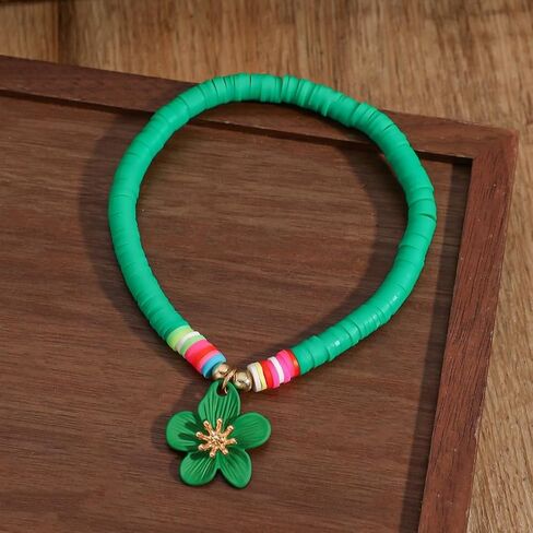 Green Soft Clay Beaded Anklet with Green Flower Charm – Adjustable, Playful Design for Summer Style in Saudi Arabia