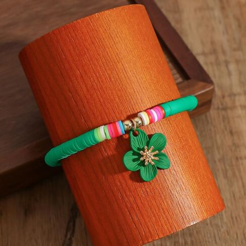 Green Soft Clay Beaded Anklet with Green Flower Charm – Adjustable, Playful Design for Summer Style in Saudi Arabia