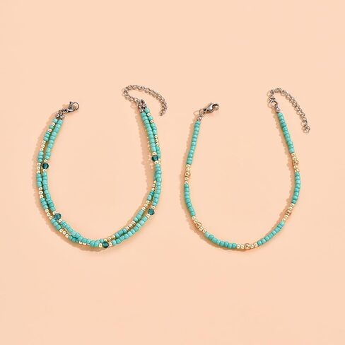 Bohemian Triple Layer Turquoise Beaded Anklet Set, Gold Accent Beach Summer Jewelry in Saudi Arabia