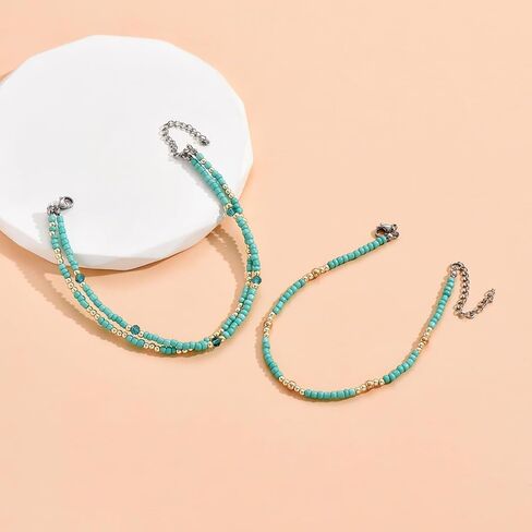 Bohemian Triple Layer Turquoise Beaded Anklet Set, Gold Accent Beach Summer Jewelry in Saudi Arabia