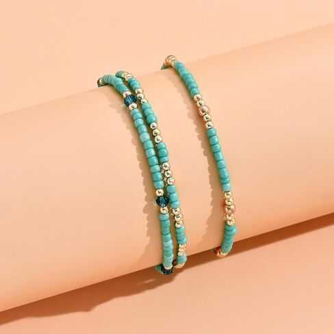 Bohemian Triple Layer Turquoise Beaded Anklet Set, Gold Accent Beach Summer Jewelry in Saudi Arabia
