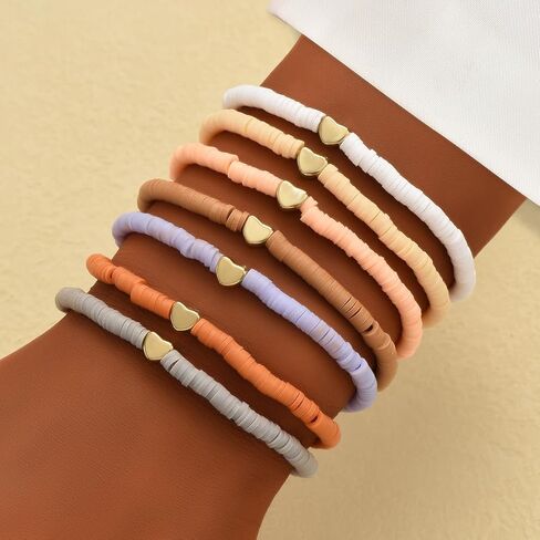 Set of 7 Colorful Soft Clay Beaded Anklets with Heart Charms – Adjustable, Stylish & Fun, Perfect for Summer! in Saudi Arabia