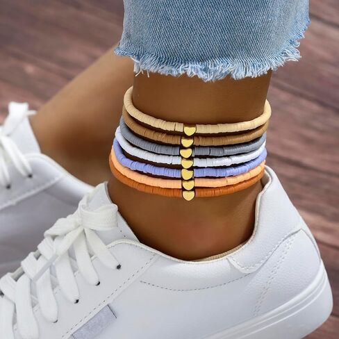 Set of 7 Colorful Soft Clay Beaded Anklets with Heart Charms – Adjustable, Stylish & Fun, Perfect for Summer! in Saudi Arabia