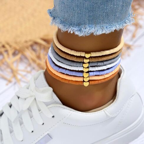 Set of 7 Colorful Soft Clay Beaded Anklets with Heart Charms – Adjustable, Stylish & Fun, Perfect for Summer! in Saudi Arabia