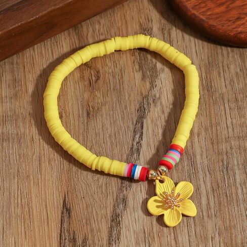 Yellow Soft Clay Beaded Anklet with Colorful Flower Charm – Adjustable, Playful Design for Summer Style in Saudi Arabia