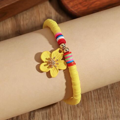 Yellow Soft Clay Beaded Anklet with Colorful Flower Charm – Adjustable, Playful Design for Summer Style in Saudi Arabia