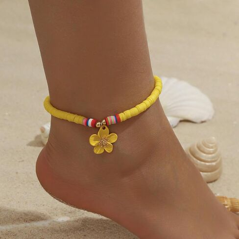 Yellow Soft Clay Beaded Anklet with Colorful Flower Charm – Adjustable, Playful Design for Summer Style in Saudi Arabia