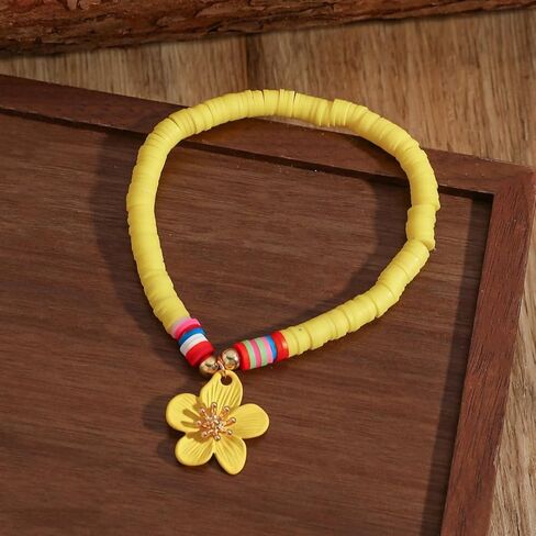 Yellow Soft Clay Beaded Anklet with Colorful Flower Charm – Adjustable, Playful Design for Summer Style in Saudi Arabia