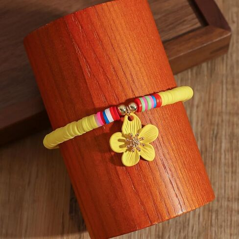 Yellow Soft Clay Beaded Anklet with Colorful Flower Charm – Adjustable, Playful Design for Summer Style in Saudi Arabia