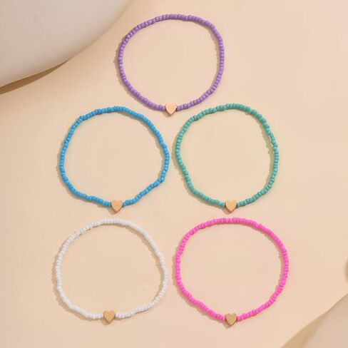 Multi-Color Beaded Anklet with Heart Charm – Set of 5 Adjustable, Trendy Bohemian Foot Jewelry for Summer Beach in Saudi Arabia