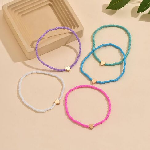 Multi-Color Beaded Anklet with Heart Charm – Set of 5 Adjustable, Trendy Bohemian Foot Jewelry for Summer Beach in Saudi Arabia