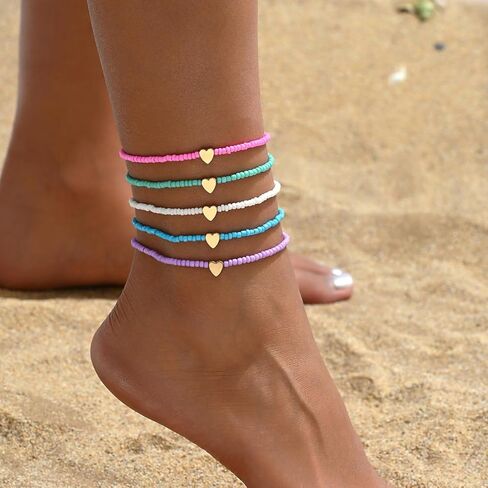 Multi-Color Beaded Anklet with Heart Charm – Set of 5 Adjustable, Trendy Bohemian Foot Jewelry for Summer Beach in Saudi Arabia