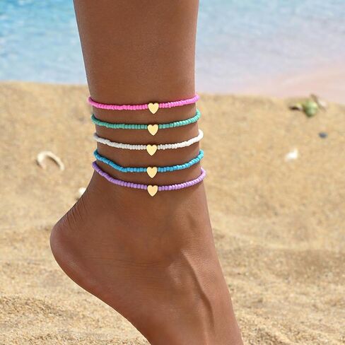 Multi-Color Beaded Anklet with Heart Charm – Set of 5 Adjustable, Trendy Bohemian Foot Jewelry for Summer Beach in Saudi Arabia