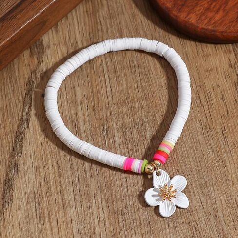 White Soft Clay Beaded Anklet with White Flower Charm – Adjustable, Playful Design for Summer Style in Saudi Arabia