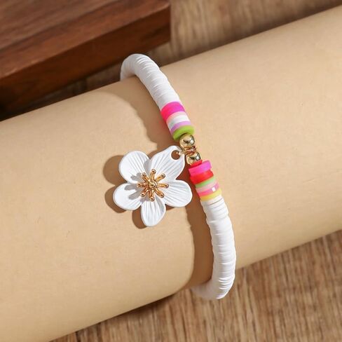 White Soft Clay Beaded Anklet with White Flower Charm – Adjustable, Playful Design for Summer Style in Saudi Arabia