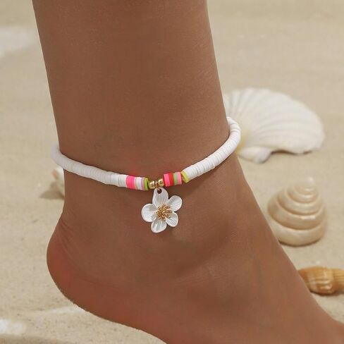 White Soft Clay Beaded Anklet with White Flower Charm – Adjustable, Playful Design for Summer Style in Saudi Arabia