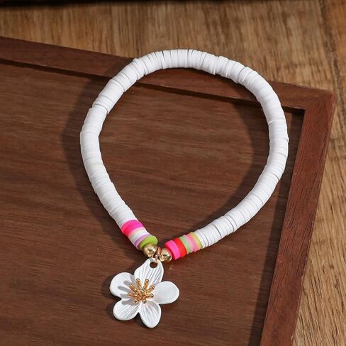 White Soft Clay Beaded Anklet with White Flower Charm – Adjustable, Playful Design for Summer Style in Saudi Arabia