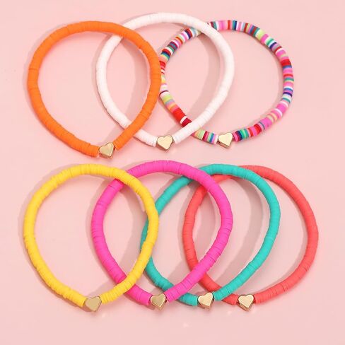 Set of 7 Colorful Soft Clay Beaded Anklets with Heart Charm – Adjustable, Fun & Vibrant, Perfect for Summer! in Saudi Arabia