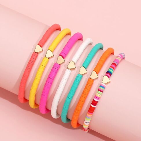 Set of 7 Colorful Soft Clay Beaded Anklets with Heart Charm – Adjustable, Fun & Vibrant, Perfect for Summer! in Saudi Arabia
