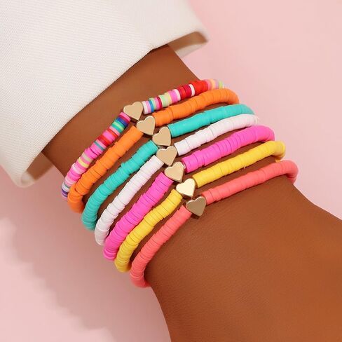 Set of 7 Colorful Soft Clay Beaded Anklets with Heart Charm – Adjustable, Fun & Vibrant, Perfect for Summer! in Saudi Arabia