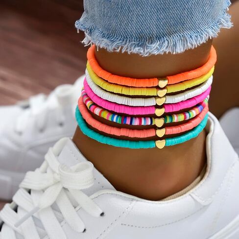 Set of 7 Colorful Soft Clay Beaded Anklets with Heart Charm – Adjustable, Fun & Vibrant, Perfect for Summer! in Saudi Arabia