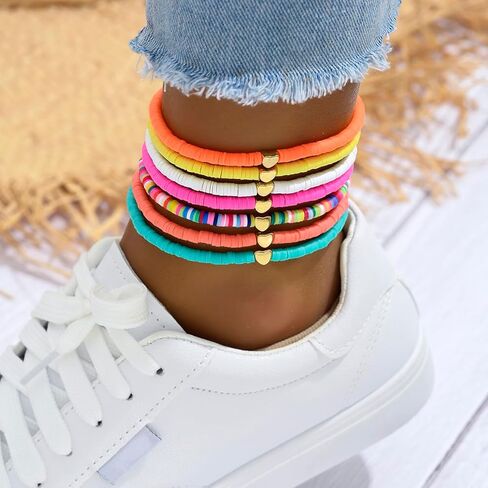 Set of 7 Colorful Soft Clay Beaded Anklets with Heart Charm – Adjustable, Fun & Vibrant, Perfect for Summer! in Saudi Arabia