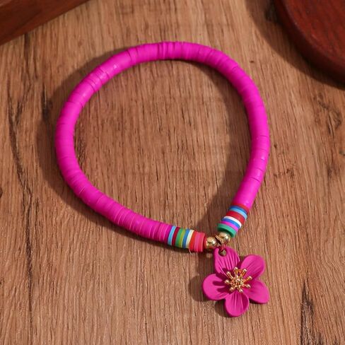 Rose Red Soft Clay Beaded Anklet with Rose Red Flower Charm – Adjustable, Playful Design for Summer Style in Saudi Arabia