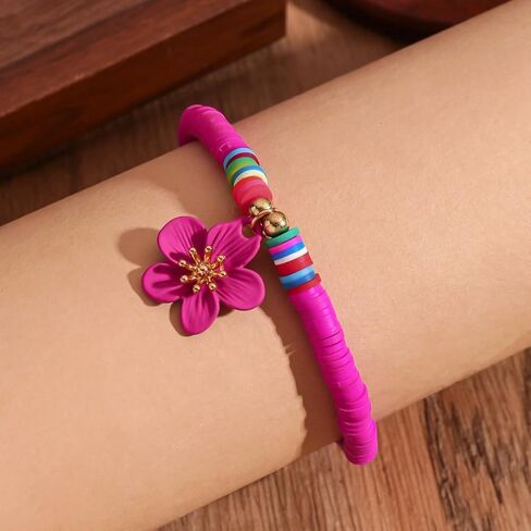 Rose Red Soft Clay Beaded Anklet with Rose Red Flower Charm – Adjustable, Playful Design for Summer Style in Saudi Arabia