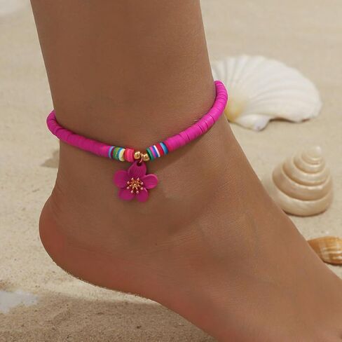 Rose Red Soft Clay Beaded Anklet with Rose Red Flower Charm – Adjustable, Playful Design for Summer Style in Saudi Arabia