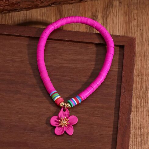Rose Red Soft Clay Beaded Anklet with Rose Red Flower Charm – Adjustable, Playful Design for Summer Style in Saudi Arabia