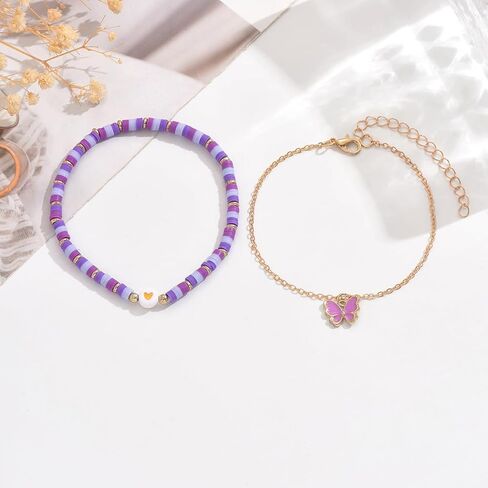 Purple Polymer Clay Bead Double-layer Foot Chain with Butterfly Pendant in Saudi Arabia