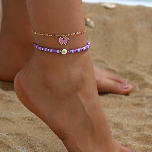 Purple Polymer Clay Bead Double-layer Foot Chain with Butterfly Pendant in Saudi Arabia