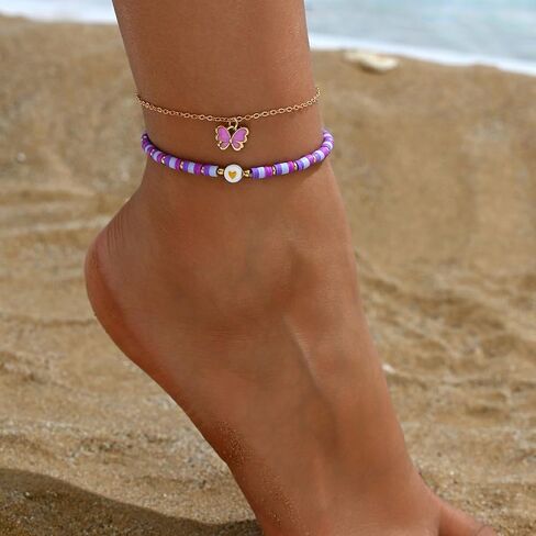 Purple Polymer Clay Bead Double-layer Foot Chain with Butterfly Pendant in Saudi Arabia