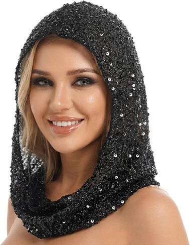 Sequin Rave Hood Scarf for Women, Sparkly Rave Head Scarf Hood Outfit Festival Accessories for Halloween Mardi Gras Costume Gear in Saudi Arabia