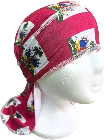 علم هايتي باللون الأحمر Durag للرجال والنساء، غطاء رأس طويل الذيل مع تصميم مربوط، غطاء رأس هيب هوب للمهرجانات، ملابس الشارع، والنمط اليومي in Saudi Arabia