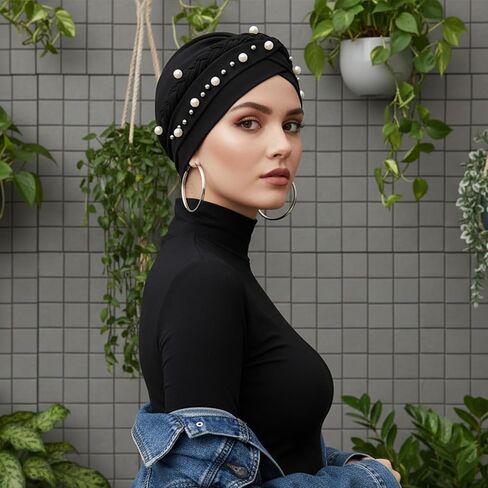 African Head Wraps for Women, Pre-Tied Twisted Turbans with Pearl, Chemo Cancer Wrap Cap in Saudi Arabia