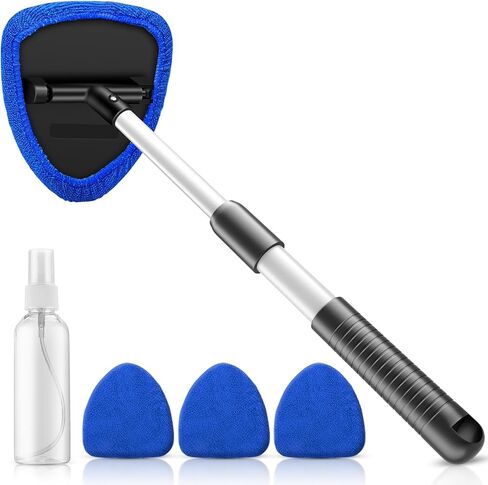 Windshield Cleaning Tool, 23-inch Extendable Handle Car Window Cleaner with 4 Reusable and Washable Microfiber Pads, Auto Glass Wiper Kit for Interior & Exterior, Ideal for Dirty Car Windows, Blue in Saudi Arabia