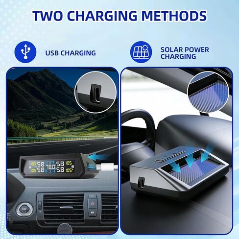 نظام مراقبة ضغط الإطارات T17، TPMS مع 4 أجهزة استشعار خارجية و6 أوضاع إنذار، 0-99 رطل لكل بوصة مربعة TPMS لاسلكي في الوقت الحقيقي، شحن بالطاقة الشمسية وUSB لمعظم المركبات ذات العجلات الأربع مع 4 أغطية لصمامات الإطارات in Kuwait