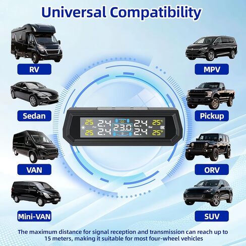 نظام مراقبة ضغط الإطارات T17، TPMS مع 4 أجهزة استشعار خارجية و6 أوضاع إنذار، 0-99 رطل لكل بوصة مربعة TPMS لاسلكي في الوقت الحقيقي، شحن بالطاقة الشمسية وUSB لمعظم المركبات ذات العجلات الأربع مع 4 أغطية لصمامات الإطارات in Kuwait