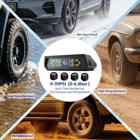 نظام مراقبة ضغط الإطارات T17، TPMS مع 4 أجهزة استشعار خارجية و6 أوضاع إنذار، 0-99 رطل لكل بوصة مربعة TPMS لاسلكي في الوقت الحقيقي، شحن بالطاقة الشمسية وUSB لمعظم المركبات ذات العجلات الأربع مع 4 أغطية لصمامات الإطارات in Kuwait