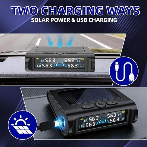 نظام مراقبة ضغط الإطارات، TPMS مع 4 أجهزة استشعار خارجية و6 أوضاع إنذار، 0-99 رطل لكل بوصة مربعة TPMS لاسلكي في الوقت الحقيقي، شحن بالطاقة الشمسية وUSB لسيارة سيدان SUV بيك اب MPV مع 4 أغطية صمام الإطارات in Kuwait