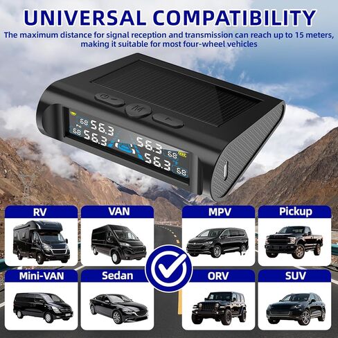 نظام مراقبة ضغط الإطارات، TPMS مع 4 أجهزة استشعار خارجية و6 أوضاع إنذار، 0-99 رطل لكل بوصة مربعة TPMS لاسلكي في الوقت الحقيقي، شحن بالطاقة الشمسية وUSB لسيارة سيدان SUV بيك اب MPV مع 4 أغطية صمام الإطارات in Kuwait