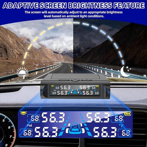 نظام مراقبة ضغط الإطارات، TPMS مع 4 أجهزة استشعار خارجية و6 أوضاع إنذار، 0-99 رطل لكل بوصة مربعة TPMS لاسلكي في الوقت الحقيقي، شحن بالطاقة الشمسية وUSB لسيارة سيدان SUV بيك اب MPV مع 4 أغطية صمام الإطارات in Kuwait
