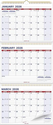 تقويم الحائط 2026-2027، تقويم عمودي لمدة 3 أشهر، تحريك الصفحة، سنتان من يناير 2026 - ديسمبر 2027، 11 بوصة × 25 بوصة، تقويم شهري كبير معلق مع كتل مسطرة، ورق سميك، ملاحظات in Kuwait