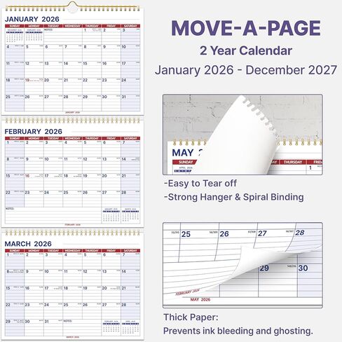 تقويم الحائط 2026-2027، تقويم عمودي لمدة 3 أشهر، تحريك الصفحة، سنتان من يناير 2026 - ديسمبر 2027، 11 بوصة × 25 بوصة، تقويم شهري كبير معلق مع كتل مسطرة، ورق سميك، ملاحظات in Kuwait