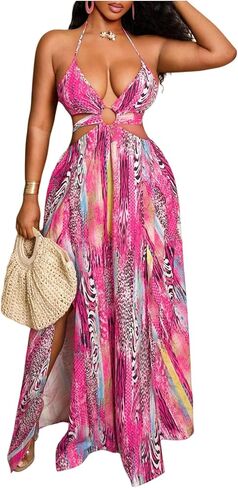 OYOANGLE Women's Boho Maxi Dress Printed Ring Linked Tie Backless High Slit Ruffle A Line Vacation Hawaiian Dresses in Saudi Arabia